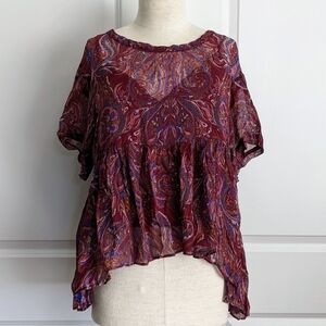 Free People Blouse Paisley Short Sleeve Semi-Sheer Chiffon Camisole Plum M NWT